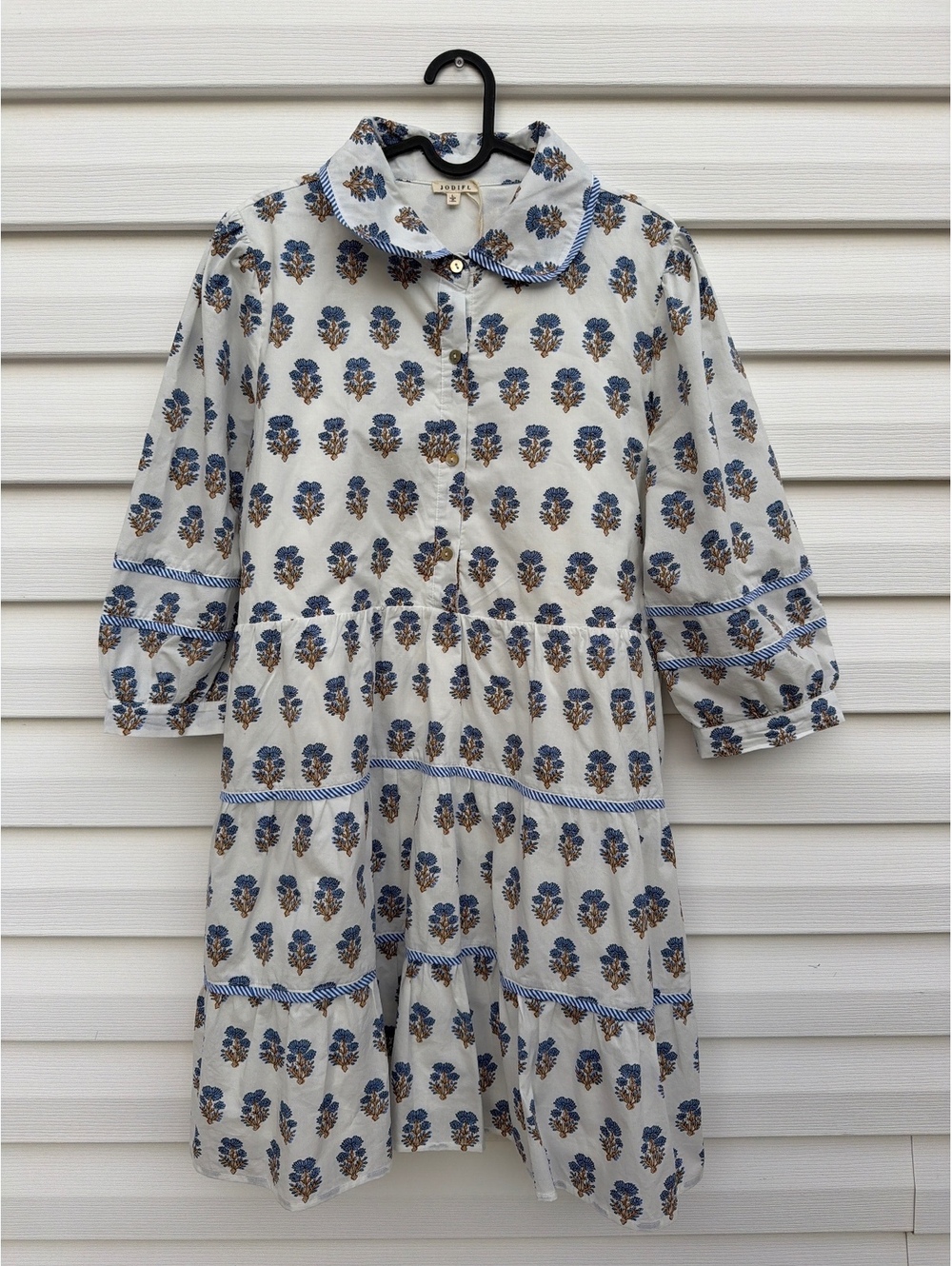 Jodifl Women's Size L Ivory Blue Floral Print Cotton Tiered Midi Shirt Dress